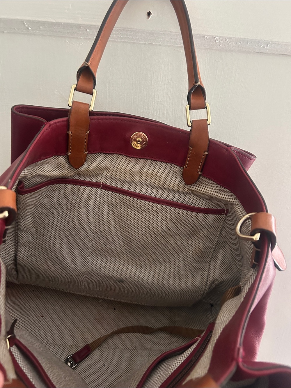 Dooney & Bourke Wine Red Leather Satchel with Tan Handles - Picture 8 of 14